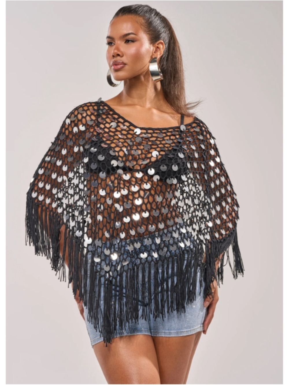 Vivid New York Brown Crochet Sequin Fishnet Poncho Fringe Bohemian Festival XL